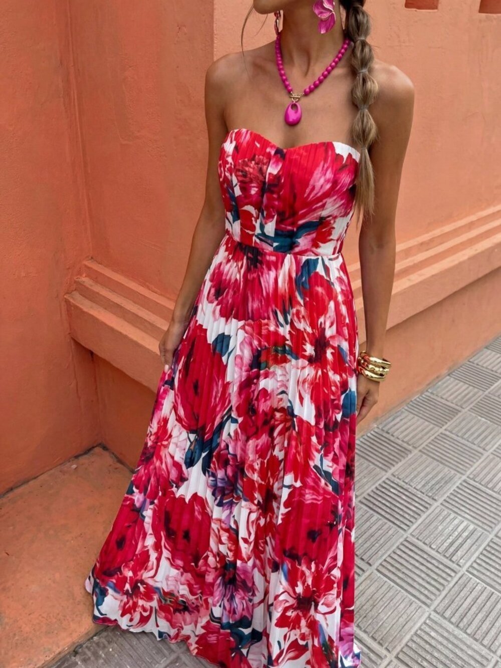 Red Boho Women's Bustier Waist Pleated Dress